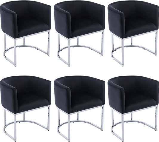 Velvet Dining Chairs Set of 6 Modern Barrel Arm Chairs with Chrome Metal Frame, Upholstered Kitchen Chairs 18.5" Wide Accent Chairs for Living Room Dining Room Restaurant, Black
