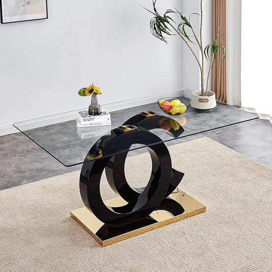 gopop 63'' Glass Dining Table, Modern Kitchen Table, Clear Glass Dining Table with Black Unique Design Leg and Gold Metal Base.(Only Table)