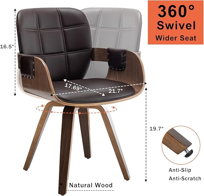 Set of 4 Swivel Walnut Dining Chairs - Mid Century Dining Chairs with Arm and Curved Back, Walnut Craftsmanship, Bentwood Structure, Perfect for Living Room/Reception/Restaurant/Kitchen (Coffee Brown)