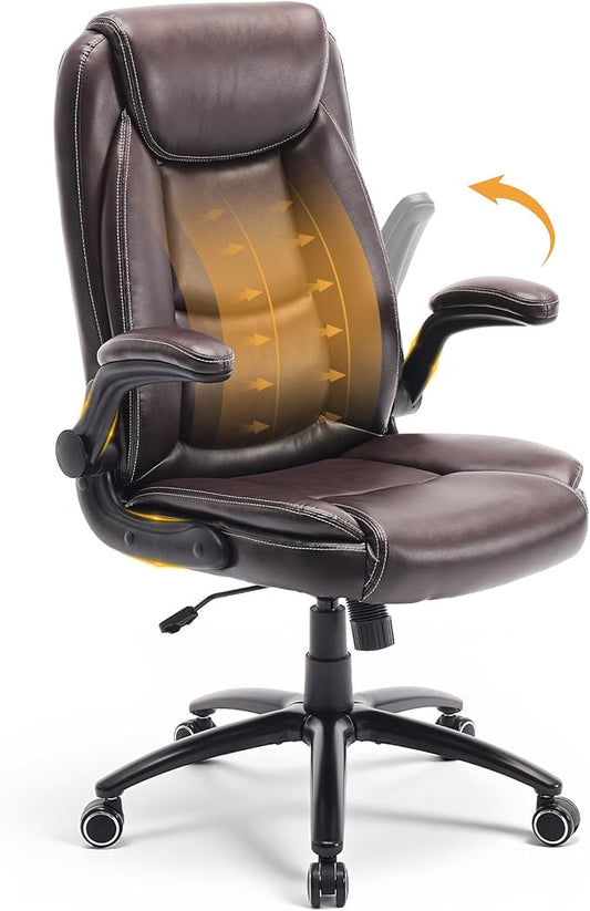 Ergonomic PU Leather Office Chair with Flip-Up Armrests, Reclining Backrest, Adjustable Height & Tilt Tension, Thick Padded Seat, Breathable Leather, 300LBS Capacity Executive Desk Chair,Brown