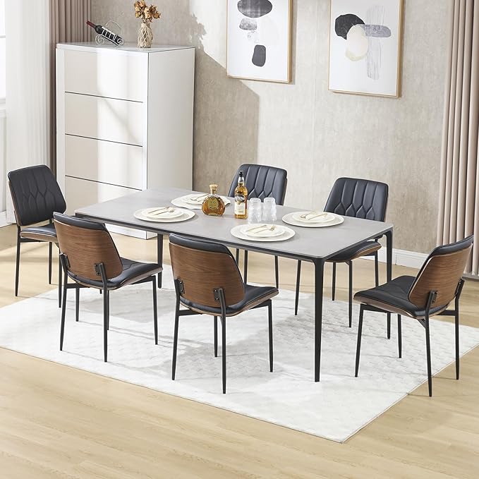 BV Mid Century Modern Dining Chairs Set of 6, Upholstered Pu Leather Armless Accent Chair with Walnut Bentwood Back, Retro Kitchen Chair for Dining Room, Living Room, Kitchen, Black