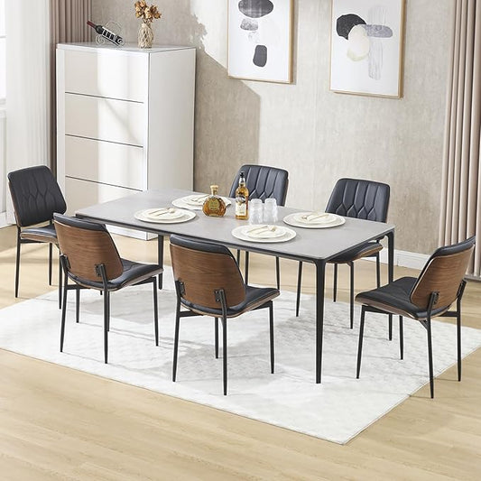 BV Mid Century Modern Dining Chairs Set of 6, Upholstered Pu Leather Armless Accent Chair with Walnut Bentwood Back, Retro Kitchen Chair for Dining Room, Living Room, Kitchen, Black