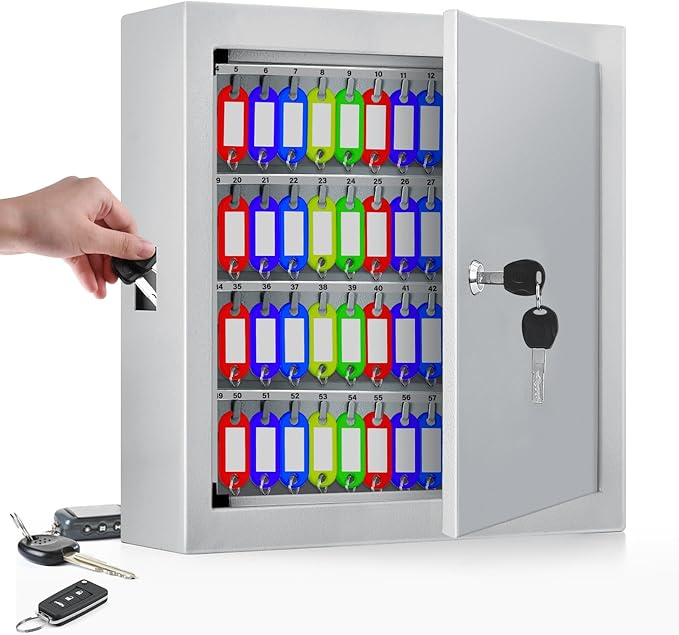 100 Keys White Key Cabinet, Anti-Theft Key Lock Box with Key Tags, Adjustable Key Organizer Wall Safe for Car Office House Garage Rental Business