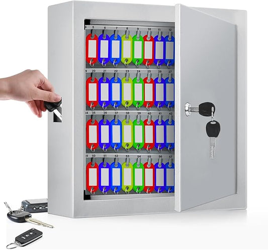 100 Keys White Key Cabinet, Anti-Theft Key Lock Box with Key Tags, Adjustable Key Organizer Wall Safe for Car Office House Garage Rental Business
