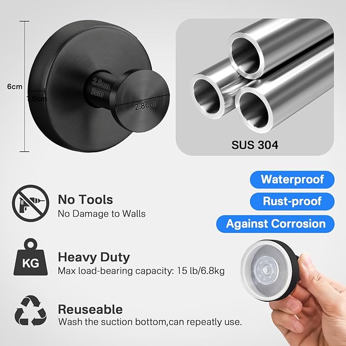 Suction Cup Hooks Stainless Steel Shower Hooks No Drill Towel Hooks Removable Wreath Hanger for Front Door, Bathroom Wall, Kitchen, Glass, Mirror (2 Pack)