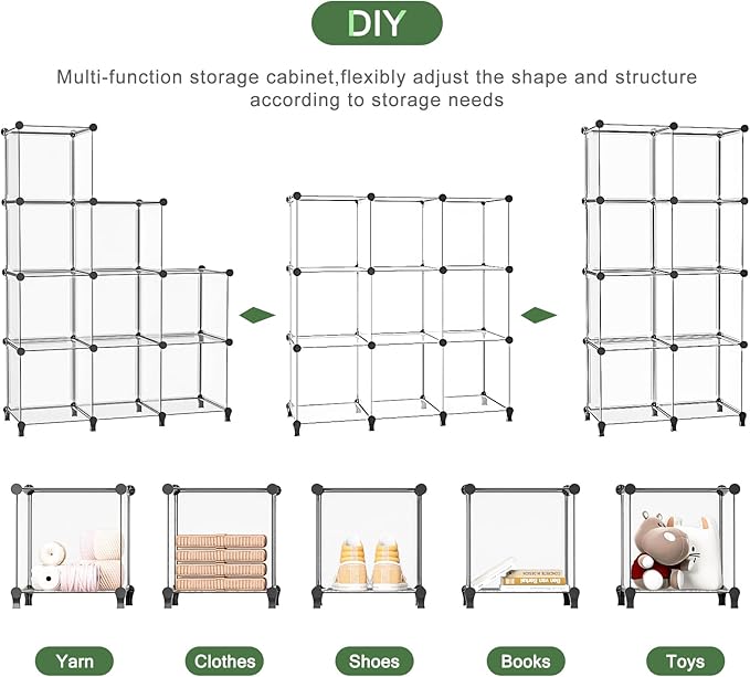 Neprock Closet Organizer, 9 Cube Closet Organizers and Storage,DIY Closet Storage Shelves, Clothes Storage Organizer for Kids, Closet, Bedroom, Bathroom, Office(Transparent White)