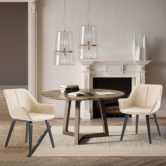 Upholstered Dining Chairs Set of 2, 4 & 6 - Faux Leather Accent, Living & Kitchen Dining Chairs - Comfortable Reading/Arm Chairs - Mid Century Modern Style (Beige, 2)