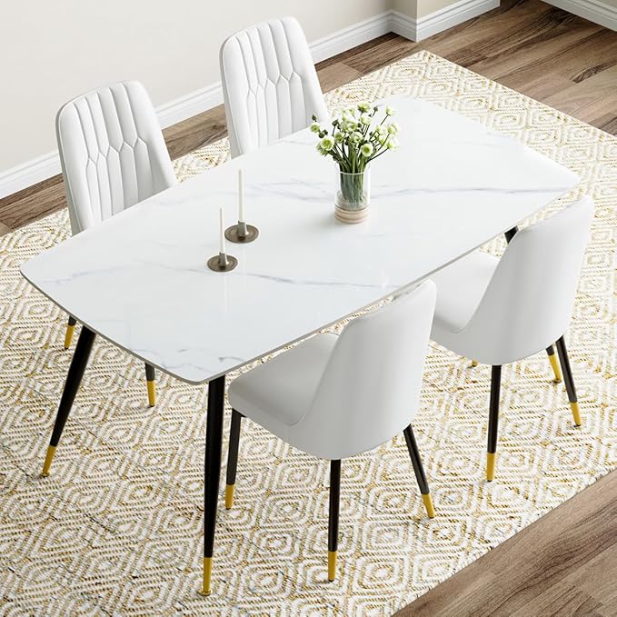 White Dining Table Set for 4, 62'' Dining Table Set for 4, Sintered Stone Dining Room Sets for 4, Easy to Assemble