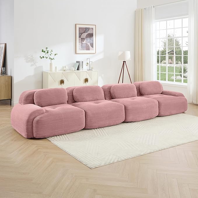 152" Modern Compressed Boneless Couch, 4 Seater Sectional Couches for Living Room, Pink Corduroy Cloud Modular Sectional Sofa, Comfy Memory Foam, Extra Deep, Sofas para Sala, No Assembly