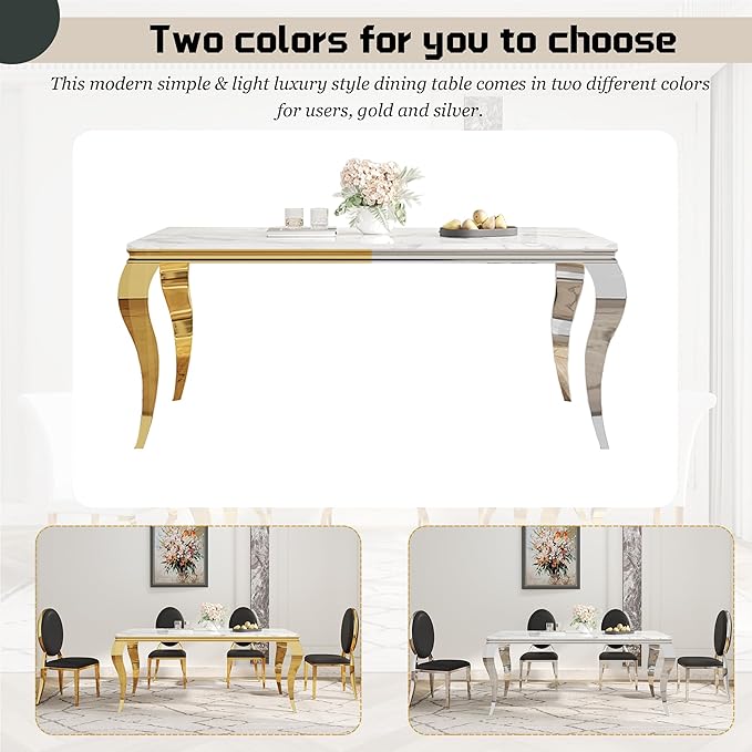 7-Piece Dining Table Set for 6, Faux Marble Modern Dining Table Set with 6 Round Backrest Upholstered Chairs, 70“ Stainless Steel Legs Table & Chair Set for Kitchen, Black & Silver