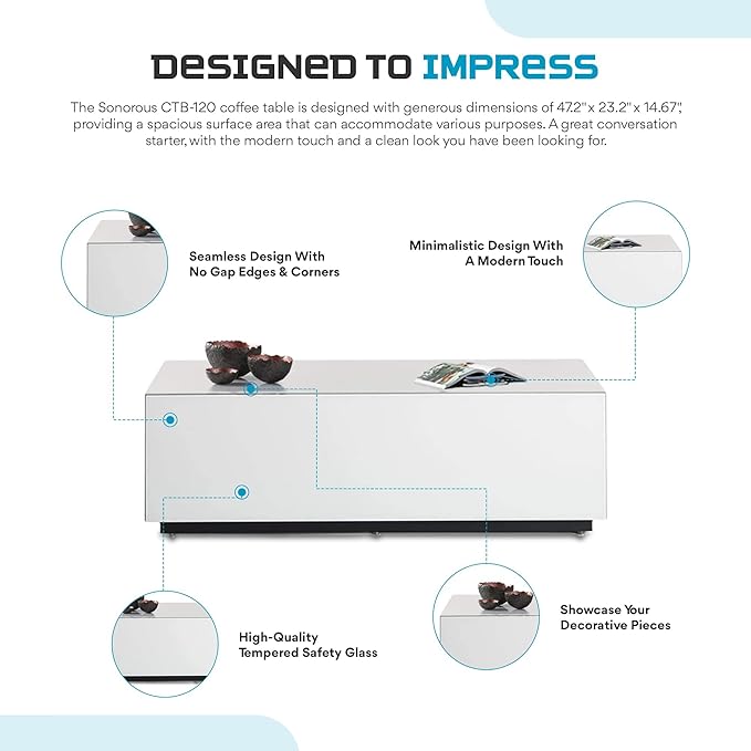 SONOROUS Premium Tempered Glass Coffee Table - Modern White Rectangular Coffee Tables for Living Room - High Gloss Fingerprint Resistant Mid Century Design - Stylish Living Room Furniture & Décor