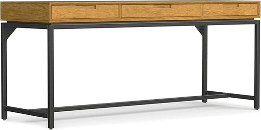SIMPLIHOME Banting Desk - 72-Inch Wide Solid Oak Veneer and Metal Writing Desk in Oak, Modern Industrial Home Office Computer Table for Study with 2 Drawers and Flip-Down Keyboard Tray