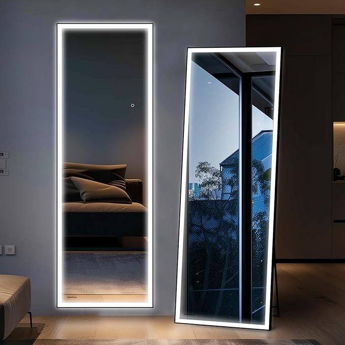 Kosmonia 72x24 Full Length Mirror, Dimmable 3 Color LED Light w/Light Memory, Distortion Free Silver Coating Mirror, HD Reflection &Anti Desilvering,Tempered Glass &Shatter Proof Film Doubles Safety