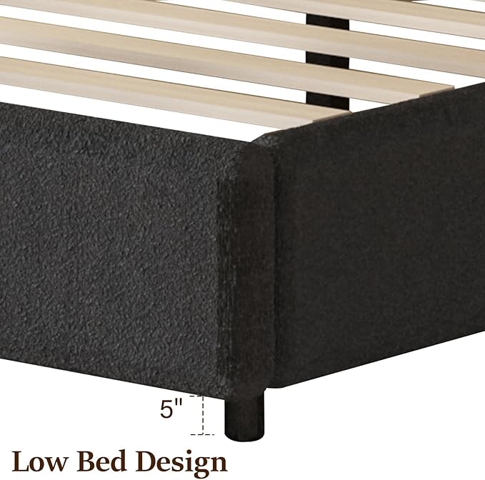 King Size Bed Frame, Upholstered Platform Bed with Headboard, Boucle Bed Frame with Round Conner, No Box Spring Required, Easy Assembly, Dark Grey