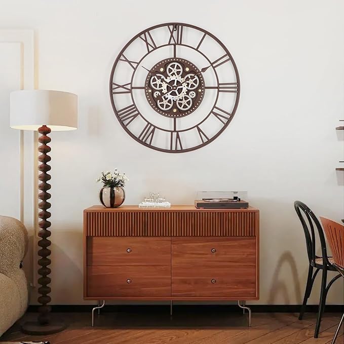 24 Inch Large Wall Clocks for Living Room Decor with Moving Gears,Large Wall Clock Industrial Steampunk,Oversized Metal Analog Wall Clocks for Farmhouse Home Battery Operated