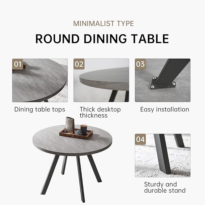 34.6'' Round Dining Table and Chairs for 4, Mid Century Modern Round Table Set, Space Saving for Apartment Kitchen Dining Room (Grey Table+4 Black Chairs)