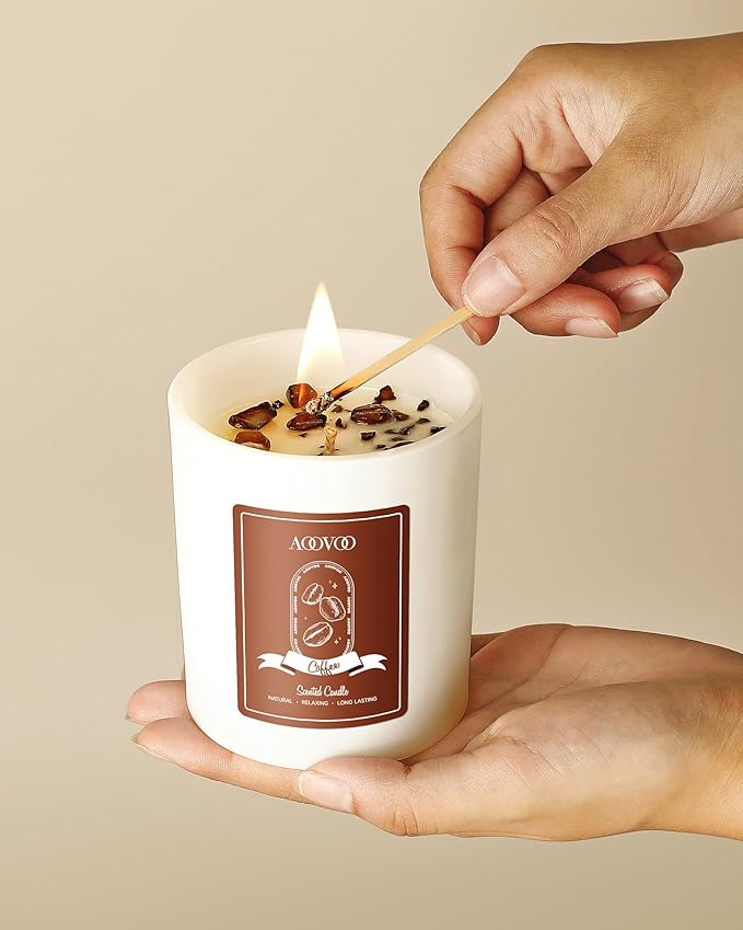 AOOVOO Macchiato Coffee Scented Candles for Women - Aromatherapy Candle with Crystals Inside, 10oz, 60H Burning Time, Soy Candles for Home Scented, Birthday Gifts Christmas Candle for Women Mom