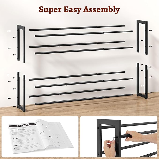 FAVOOSTY 4-Tier Expandable Shoe Rack, Adjustable Shoe Shelf Storage Organizer Space Saving Metal Free Standing Shoe Rack for Entryway Closet Doorway, Black