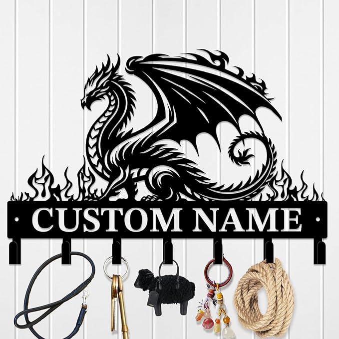 Customized Name Key Hook - Evil Dragon Design Keys Holder Decor Black Iron Metal Wall Organizer for Home & Office (Multiple Sizes) (Style D)