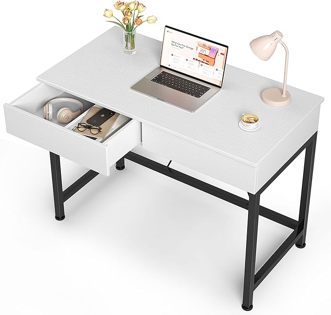 Mexin Small White Desk with 2 Wooden Drawers, 40 Inch Home Office Writing Desk, White Vanity Desk with Storage, Computer Desk for Bedroom Small Spaces, Table for Office, Work, Kids Study, Makeup