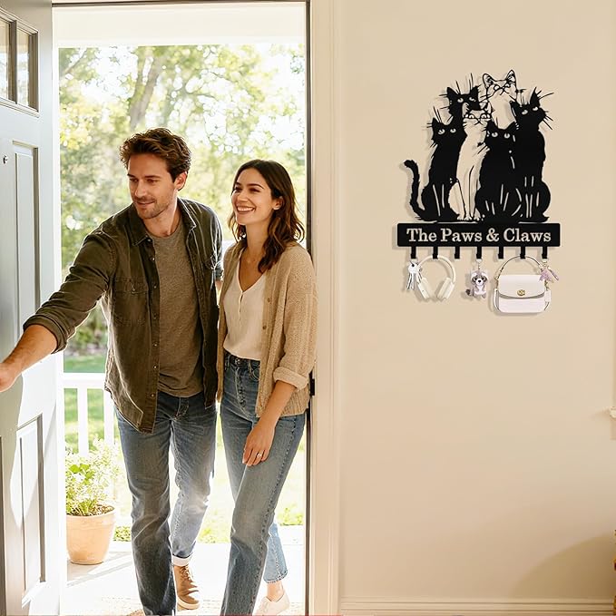 Personalized Cat Key Holder Wall Mount, Custom Metal Key Holder for Wall with Name, Custom Keys Rack Hanger with Hooks for Entryway, Front Door, Hallway, Living Room, Kitchen