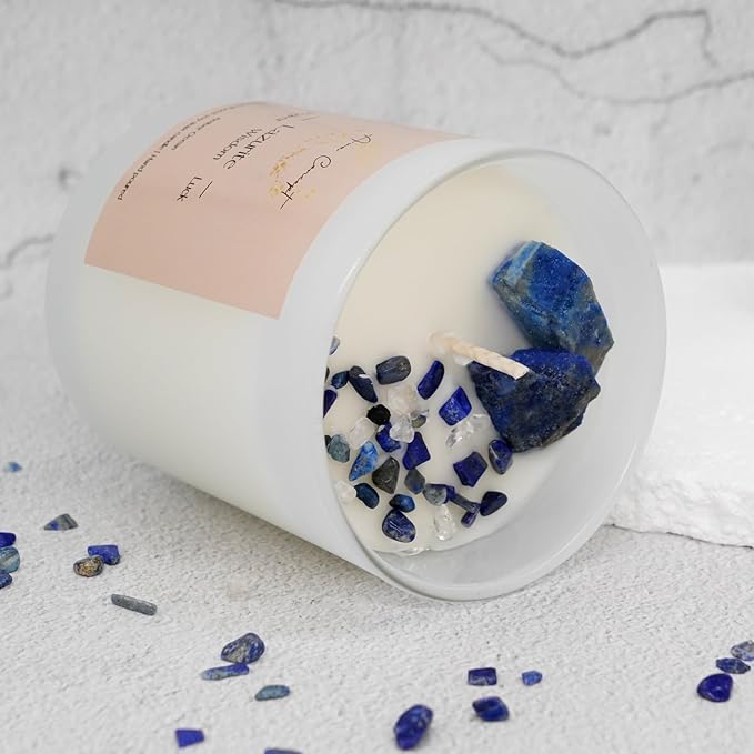 Healing Crystal Candle, Scented Candle Infused Lazurite Clear Quartz Crystals, Amber Ocean Scented, Positivity Energy, Cleansing Wellness, Gift for Women, Aromatherapy Clean Vegan 10Oz Jar