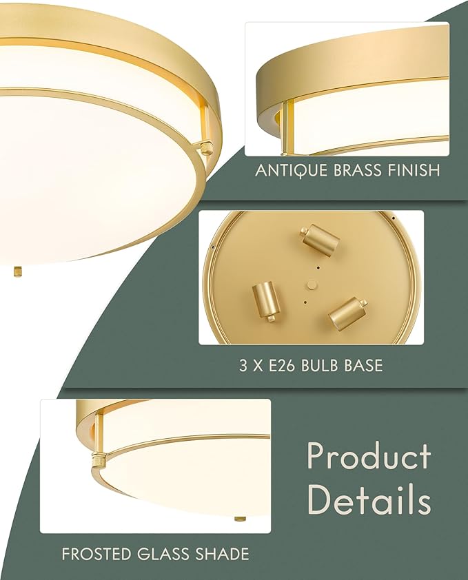 16" Flush Mount Ceiling Light, Farmhouse Style, Frosted Glass Shade,Brass Gold, for Living Room, Bedroom, Dining – CKCL4822-3W-BB