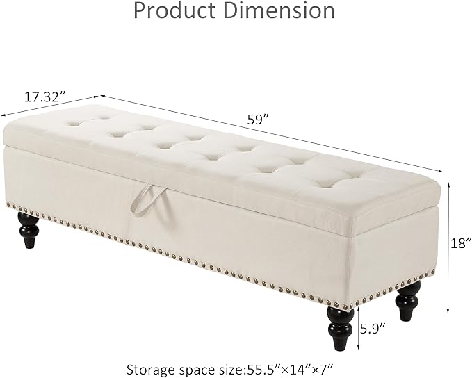 mikibama Linen Storage Bench for Bedroom End of Bed,59" Long Tufted Bed Bench with Storage,Modern Mid Century Storage Ottoman Bench for Window,Entryway,Living Room Solid Wood Legs (Beige)