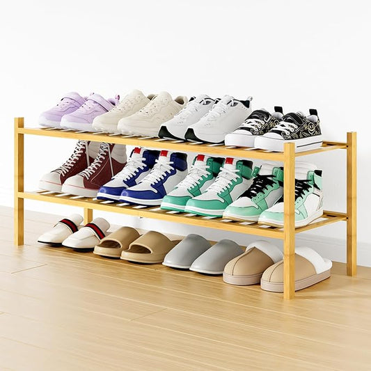 Smiry Shoe Rack, 2 Tier Long Bamboo Shoe Organizer, Stackable Free Standing Wooden Shoe Storage Shelf for Closet, Entryway, Front Door Entrance, Natural