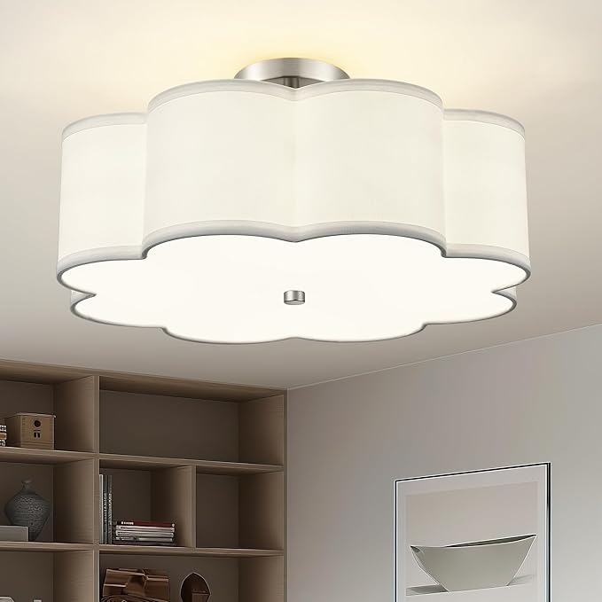 Semi Flush Mount Ceiling Lights, 4-Light 18" Ceiling Light Fixtures with Fabric Shade in Flower Shape, Brushed Nickel Farmhouse Drum Lighting for Nursery Bedroom Kitchen, AD-22009-4SF-SN