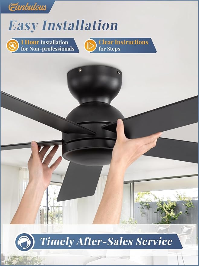 48 Inch Flush Mount Ceiling Fan no Light, Black Ceiling Fan with Remote, 6-Speeds, Quiet Reversible DC Motor, Indoor/Outdoor Ceiling Fans without Lights for Patio, Living Room, Bedroom