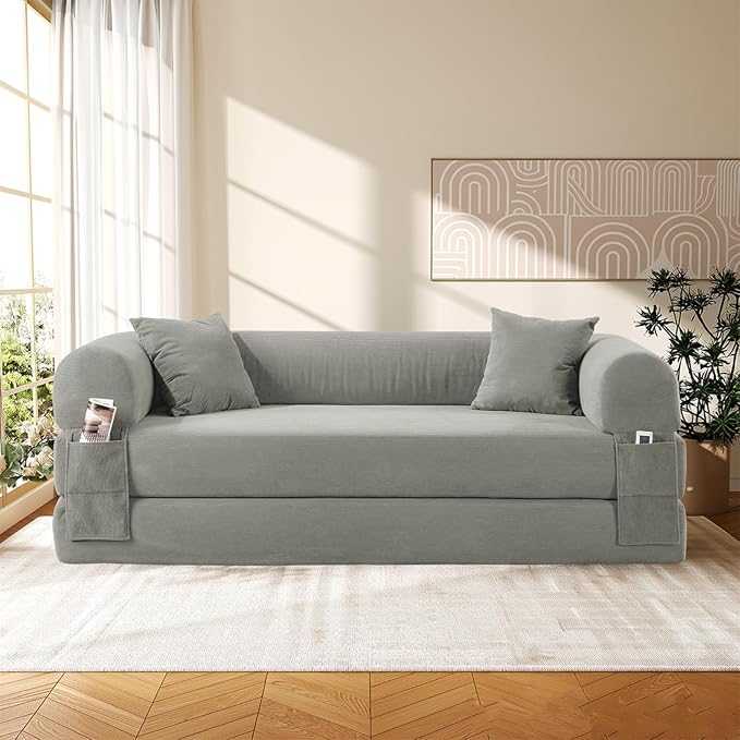 Convertible Futon Sofa Bed,80" Folding Pull Out Couch Bed with Pillows & Storage Pocket, Oversized Queen Sleeper Sofa in a Box,Corduroy Boneless Couch for Living Room,Light Grey