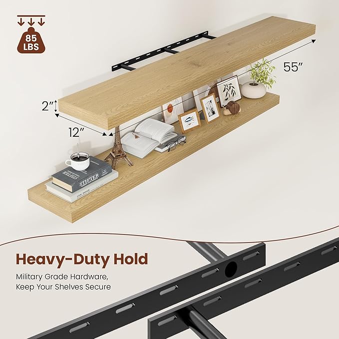 Vivelove 12 Inch Deep Floating Shelves 55 inch Long, 2 Inch Thick Wall Shelves with Invisible Brackets, Shelf for Bedroom Bathroom Living Room Kitchen Office Home Decor, Modern Shelf Set of 2, Oak