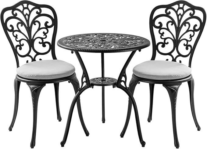 3 Piece Bistro Patio Set Cast Aluminum Bistro Table and Chairs Set of 2 with Cushion,Outdoor Bistro Table Set with Umbrella Hole,Metal Patio Furniture Set for Garden,Black