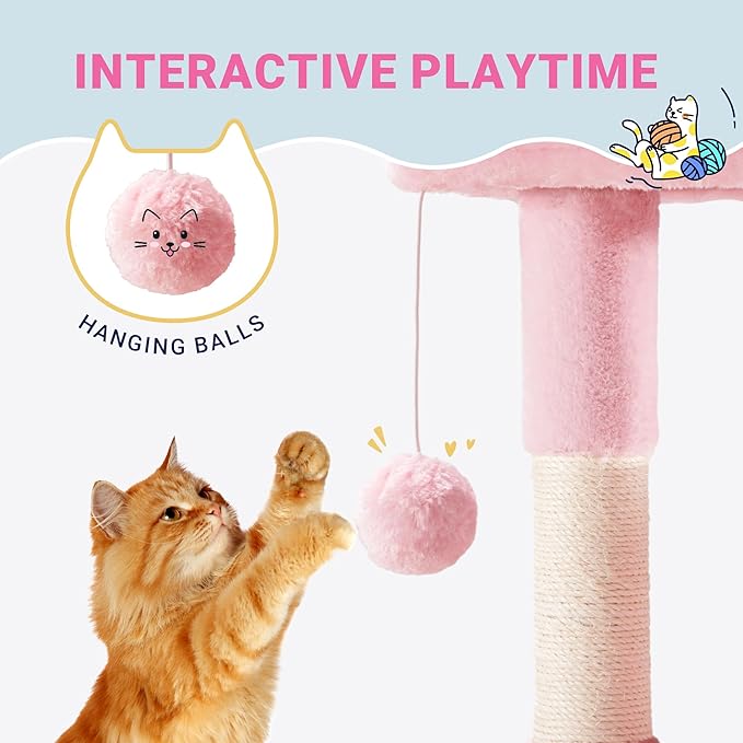 Allewie 29 Inches Cat Tree Tower/Plush Perches Platform/Condo/House/Sisal Scratching Posts/Multi-Level Activity Center Furniture for Kittens/Pink
