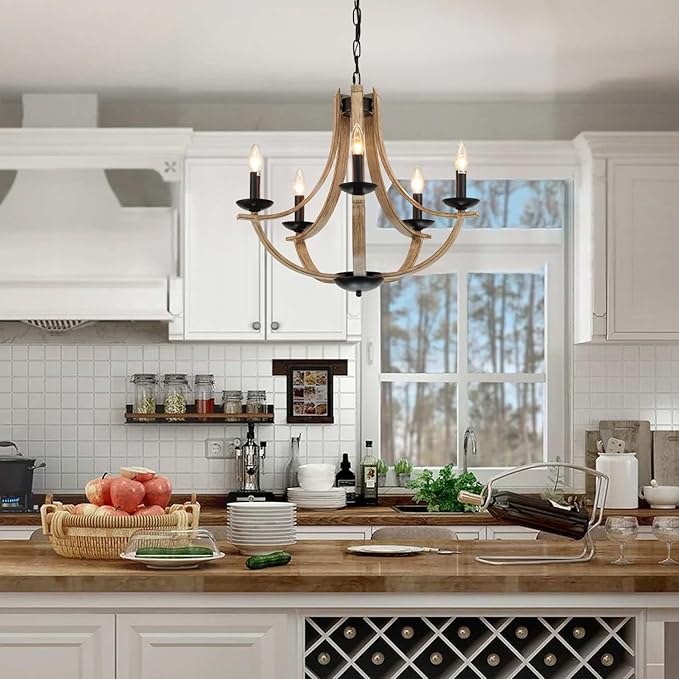 Farmhouse Chandeliers for Dining Room Light Fixture, 5-Light 24 inch Faux Wood Texture Hanging Lighting Fixtures, Rustic Candle Chandeliers for Living Room Kitchen Island Foyer Entryway