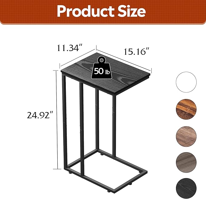 WLIVE Black Side Table,C Shaped End Table for Bedroom, Home Office, Dorm, Living Room Couch Tables, C Shaped TV Tray Table, 2-Tier Side Tables