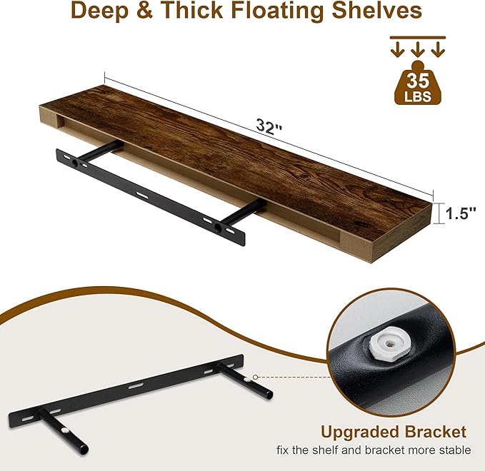 Fun Memories Floating Shelves for Wall, 32Inch Floating Shelves Set of 2, Hanging Shelf with Invisible Brackets, Wood Shelves for Living Room, Bedroom, Kitchen, Brown