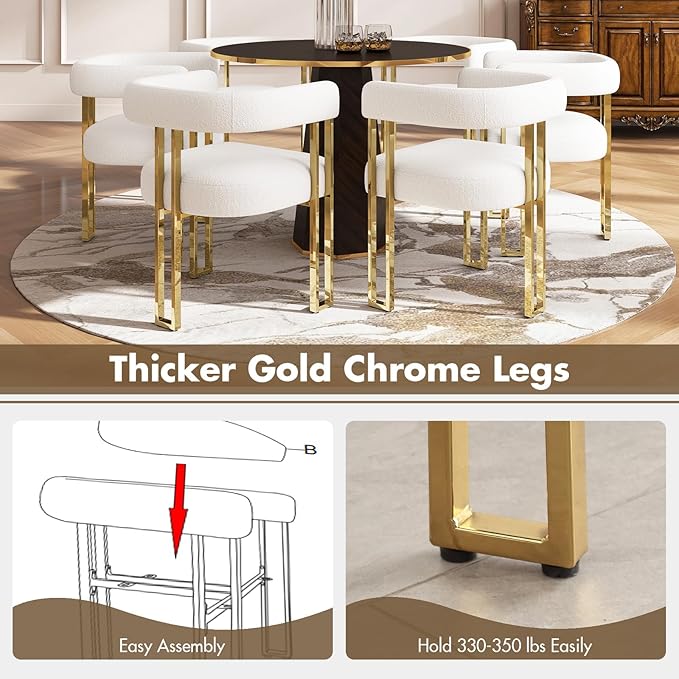 Set of 6 Modern White Boucle Dining Chairs with Gold Metal Legs, Mid Century Accent Upholstered Barrel Armchairs with Open-Back for Kitchen, Dining Room, Living Room, Apartment