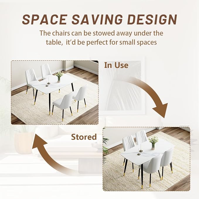 50'' Dining Table Set for 4, Dining Room Sets for 4, Sintered Stone Dining Table Chairs Set of 4, Easy to Assemble，Suitable for Small Spaces