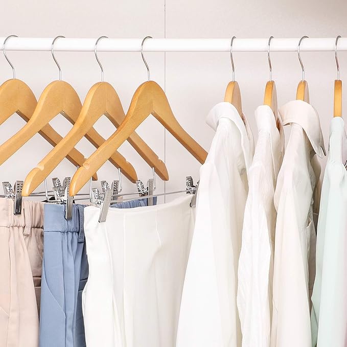 HOUSE DAY 12 Pack High-Grade Wooden Suit Hangers Skirt Hangers with Clips Solid Wood Pants Hanger Natural Smooth Finish Premium Wood Hanger with Durable Metal Clips for Blouse, Dress, Coat, Jacket