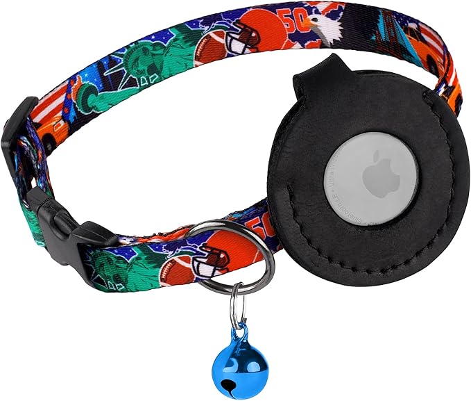 Airtag Cat Collar with Bell - Non Breakaway Soft Pet Collar with Leather Air Tag Holder - Adjustable GPS Anti-Lost Collars for Girl Boy Cats Kitten Puppies, Lightweight and Patterned (USA)