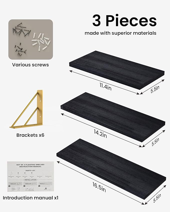 BAYKA Wall Shelves for Bedroom Decor, Floating Shelves for Living Room Kitchen Storage, Mounted Rustic Wood Floating Shelves for Kids Books, Corner Shelves for Bathroom, Office(Black Gold,Set of 3)