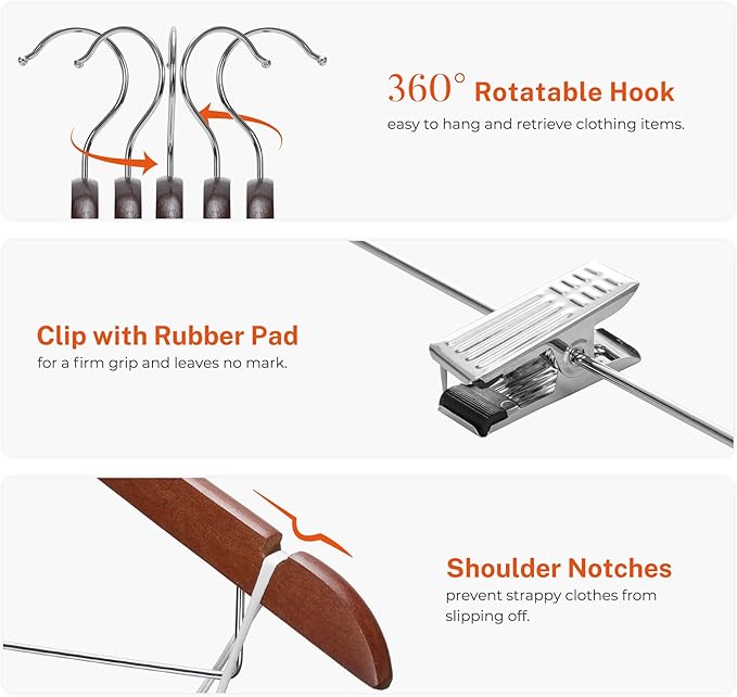 HOUSE DAY Wooden Hangers with Clips 12 Pack, Heavy Duty Walnut Wood Pants Hanger, Premium Skirt Hanger with Adjustable Clips, Solid Clip Hangers for Suit, Blouse, Dress, Coat, Jacket, Bottom