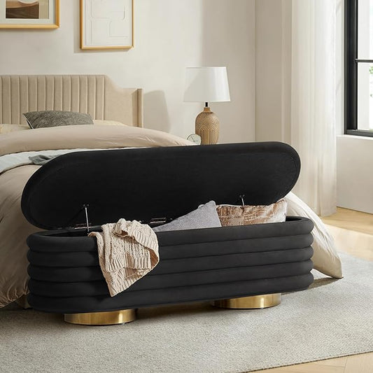 HULALA HOME Velvet Storage Bench, Large Upholstered Ottoman Bench with Button Tufted Design for Living Room, Bedroom, Entryway, or Window, End of Bed Bench with Shoe Storage, Modern Home Decor, Black