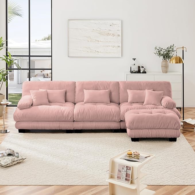 133.8" Oversized Couch, 3 Seater Modular Sectional Sofa, Pink Large L Shaped Sectional Fluffy Couch Set, Chenille Cloud Couch with Ottoman, Deep Seat Sofas for Living Room