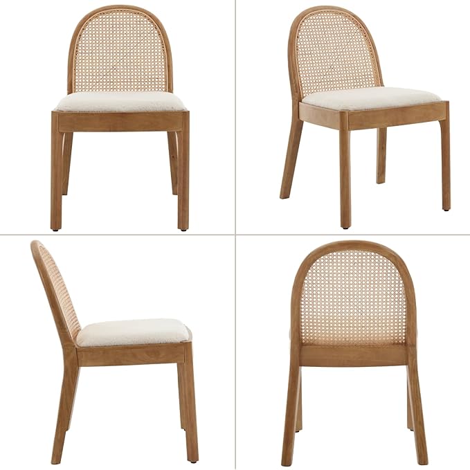 Mid Century Dining Chairs Set of 6, Accent Rattan Side Chairs Sherpa Fabric Kitchen Chair with Solid Wooden Legs for Living Room Dining Room, White