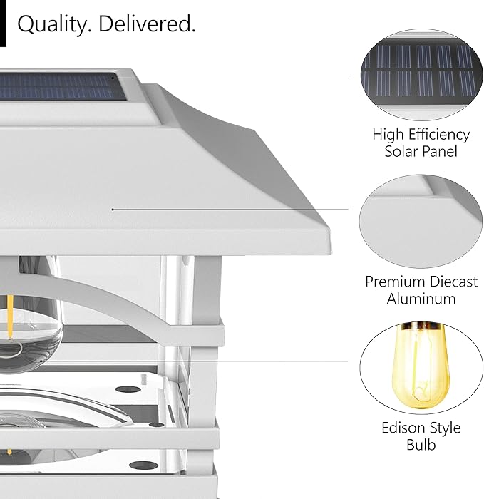 Davinci Lighting Edison Solar Outdoor Post Cap Lights - 4x4 5x5 6x6 - Bright LED Light for Fence Deck Garden or Patio Posts - Pearl White (2 Pack)