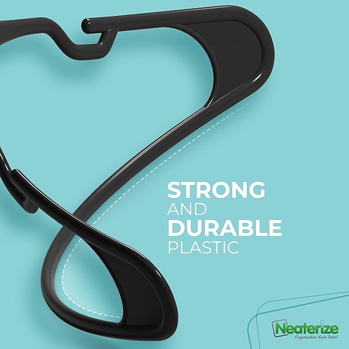 NEATERIZE Clothes Hangers Plastic 100 Pack For Adults - Plastic Hangers, The Perfect Coat Hanger and Space Saving Clothes Hangers for Closet, Percheros Ganchos para Colgar Ropa Hangars - Black Hangers
