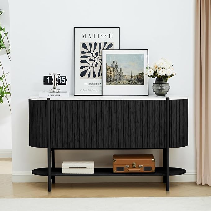 Console Table with Storage, Fluted Entryway Table with 2 Doors and Open Shelf, Long Sofa Table Behind Couch for Living Room, Hallway (Black)